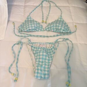 NWOT Stoney Clover‎ bikini 2 piece turquoise check top S bottom XXS cupped bra